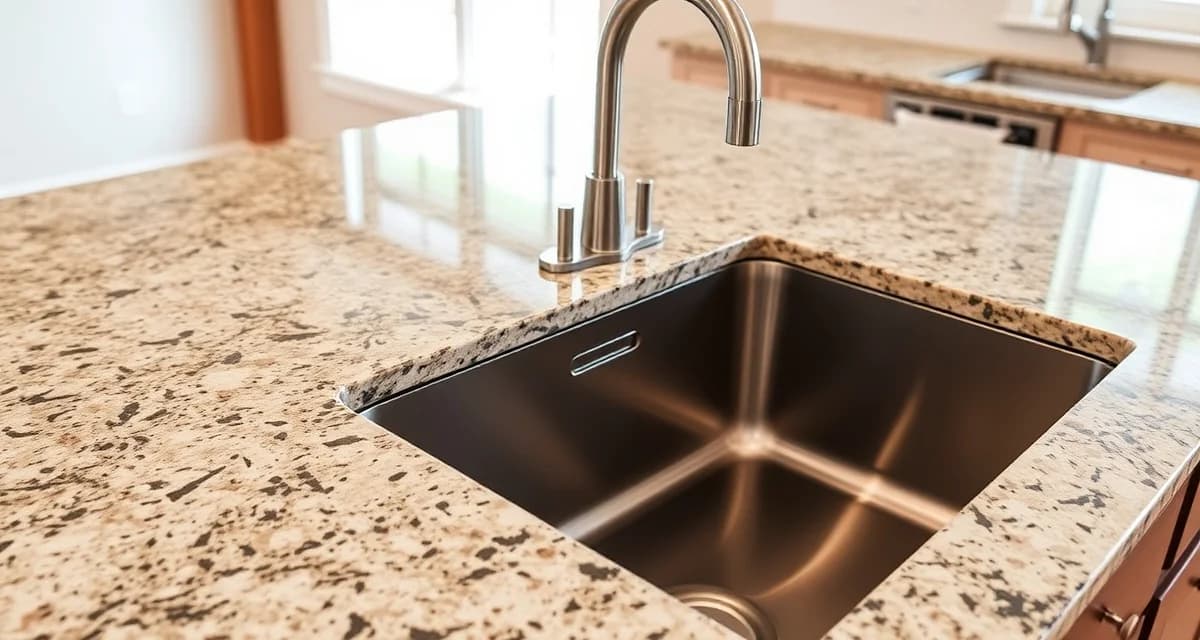 Granite countertop with integrated undermount sink installation Undermount stainless steel sink installed under granite countertop showing clean edge detail and professional fabrication