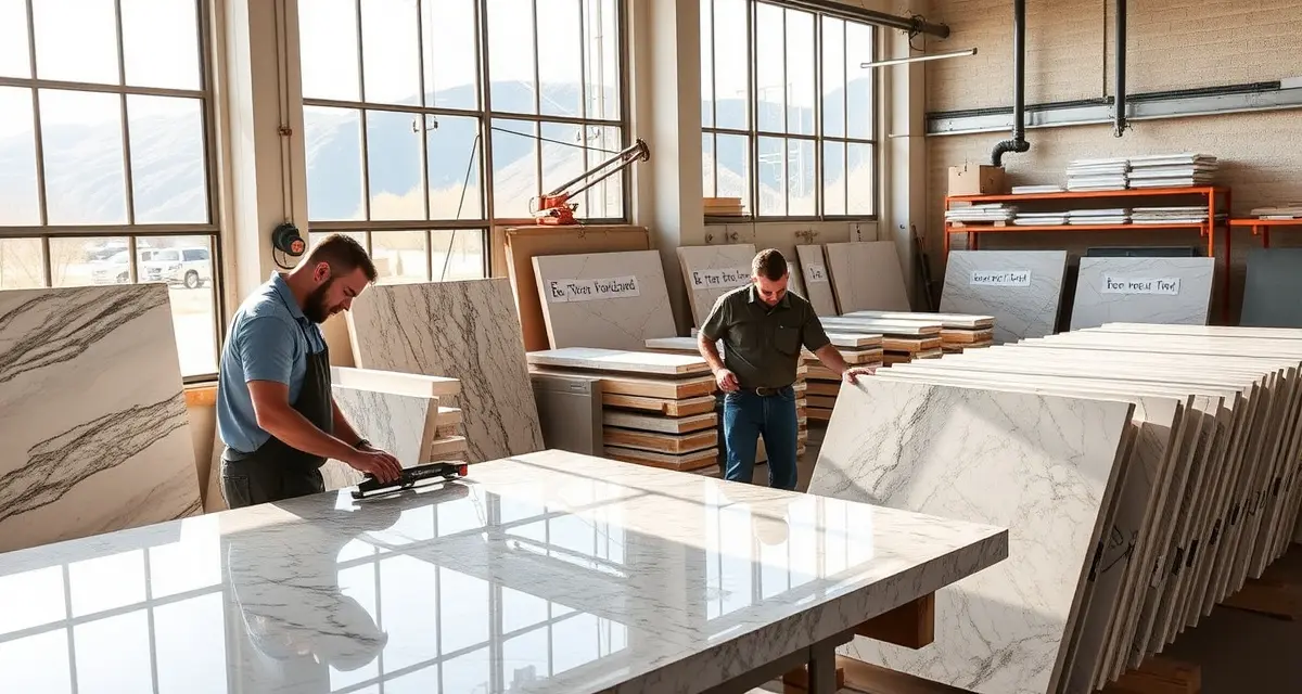 Utah countertop fabrication workshop Modern countertop fabrication shop in Utah with craftsmen working on granite and quartz slabs in natural light