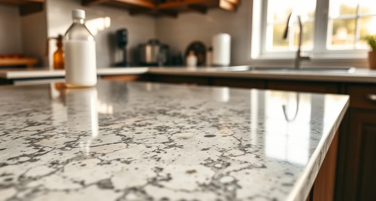 Why vinegar damages granite stone countertops Granite countertop surface showing polished finish with natural veining, demonstrating why vinegar is unsafe for stone care and maintenance.
