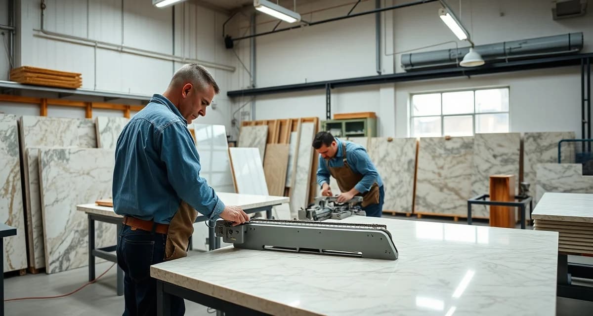 Virginia countertop fabrication shop management Modern countertop fabrication shop in Virginia with stone slabs and professional fabrication equipment for kitchen and bathroom installations.