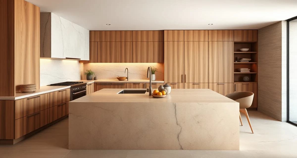 2026 Kitchen Design Trends - Warm Materials & Finishes Modern kitchen with warm-toned stone countertops, multi-material island, and honed matte finishes showcasing 2026 design trends