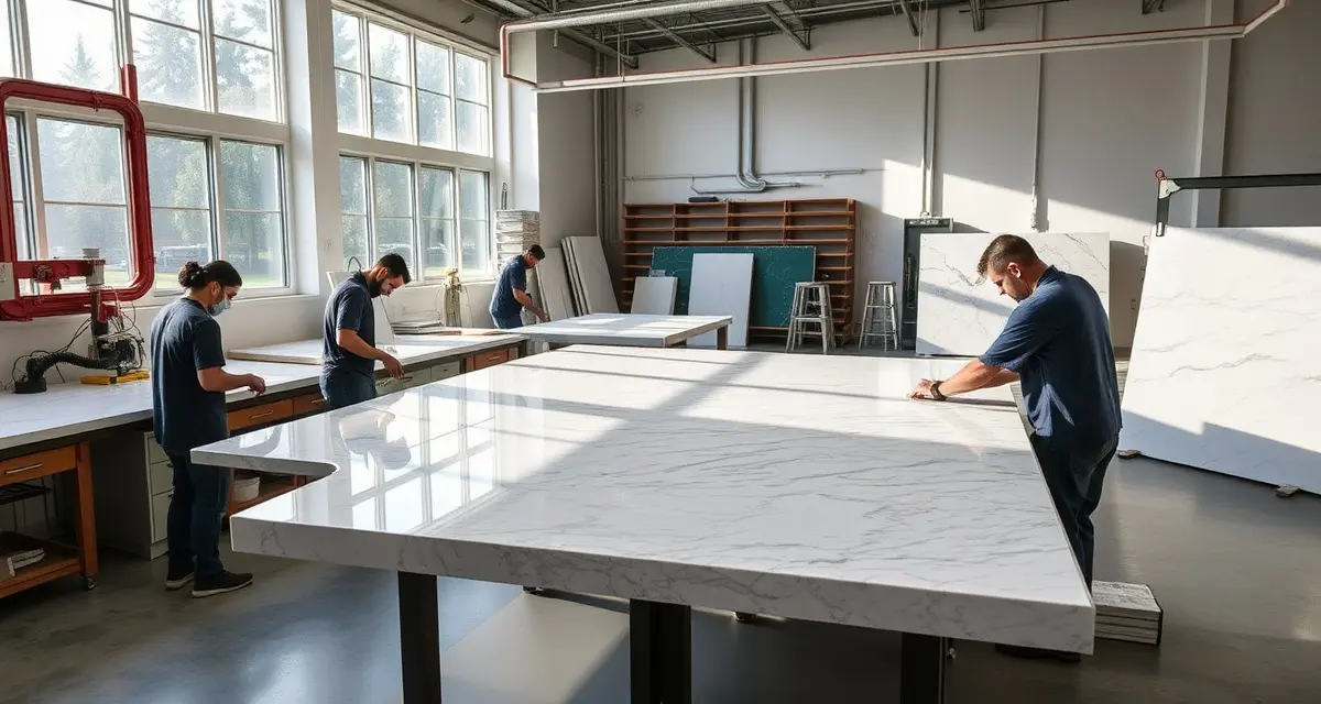 Premium stone countertop fabrication workshop management Modern countertop fabrication shop in Washington with technicians working on premium stone materials and fabrication equipment