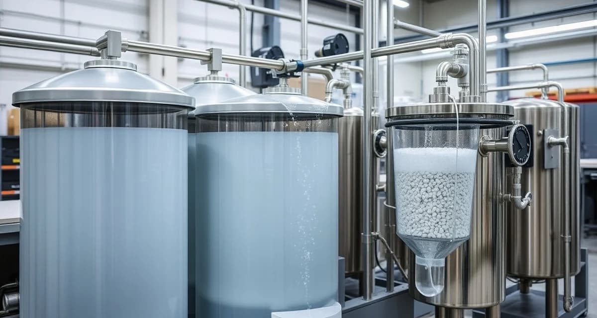 Stone fabrication water recycling technology Water recycling system filtering stone slurry water in a countertop fabrication shop with separation tanks and recirculation equipment