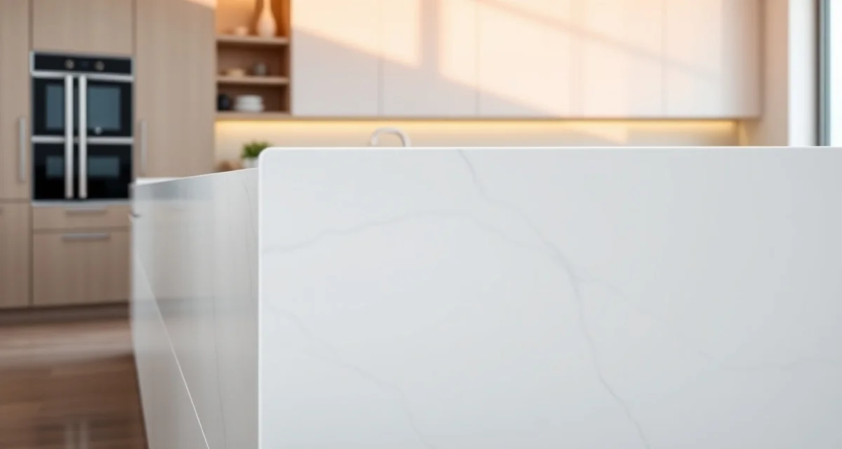 Waterfall edge countertop design and installation Modern kitchen island featuring a white marble waterfall countertop with cascading vertical edge panel and premium stone material