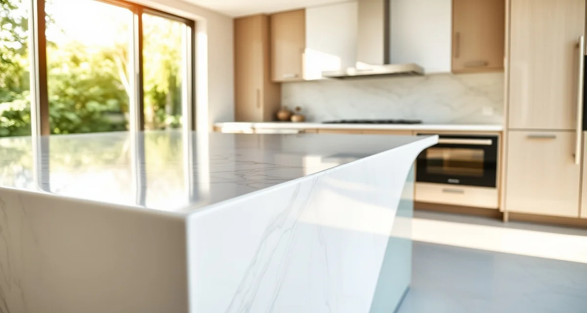 Waterfall Edge Countertop Design Modern kitchen island with waterfall countertop edge in polished marble flowing vertically to the floor with visible vein matching details