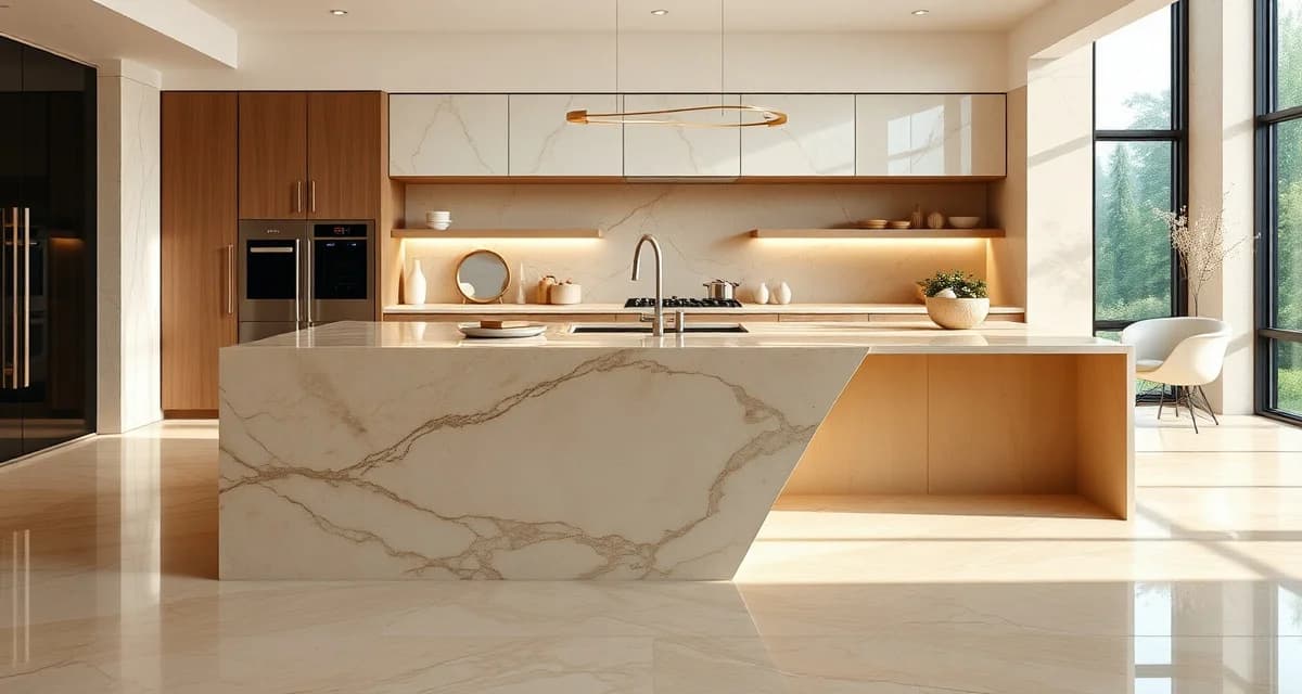 Waterfall Edge Kitchen Island Detail Luxury waterfall island with continuous stone countertop flowing vertically down side panel in modern kitchen design