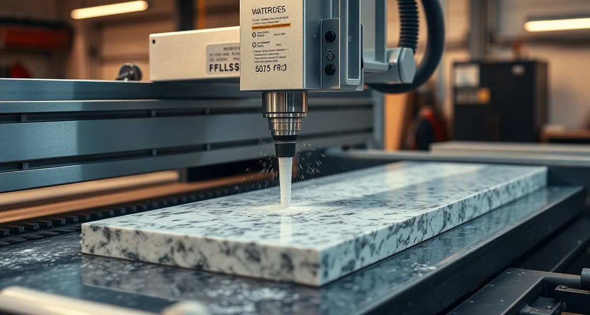 Precision waterjet technology for stone fabrication Waterjet cutting machine precisely slicing through stone countertop material with high-pressure water and abrasive garnet stream