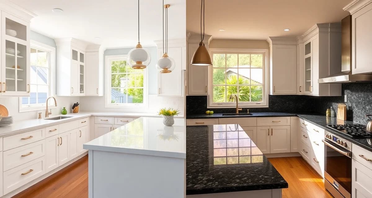 White and dark countertop design comparison Side-by-side comparison of white vs dark countertops in modern kitchens showing aesthetic and maintenance differences