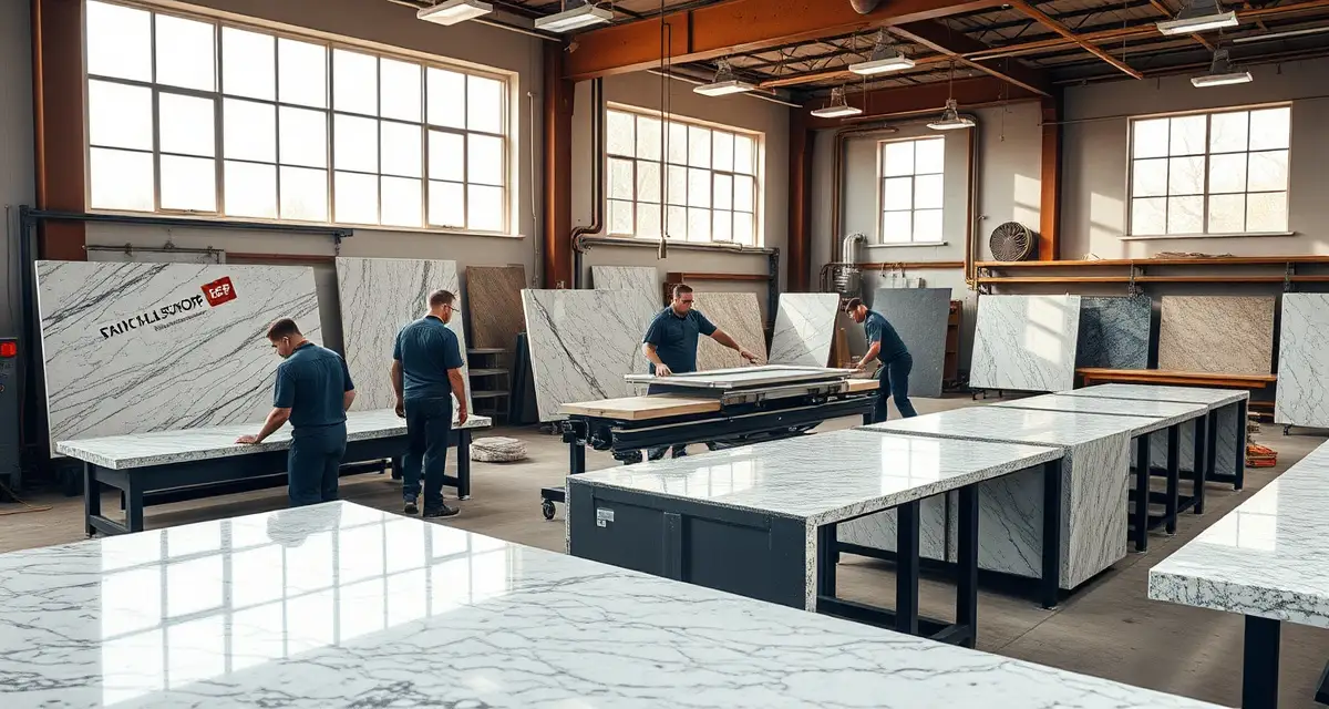 Expert countertop fabrication operations in Wisconsin Professional countertop fabrication shop in Wisconsin showing granite and quartz stone slabs being processed with precision equipment.