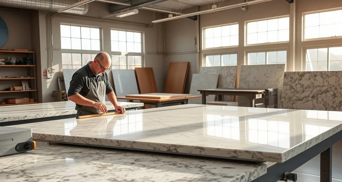 Countertop Fabrication Workshop Operations Wyoming countertop fabrication shop displaying stone slab cutting and measurement process for residential and commercial installations.