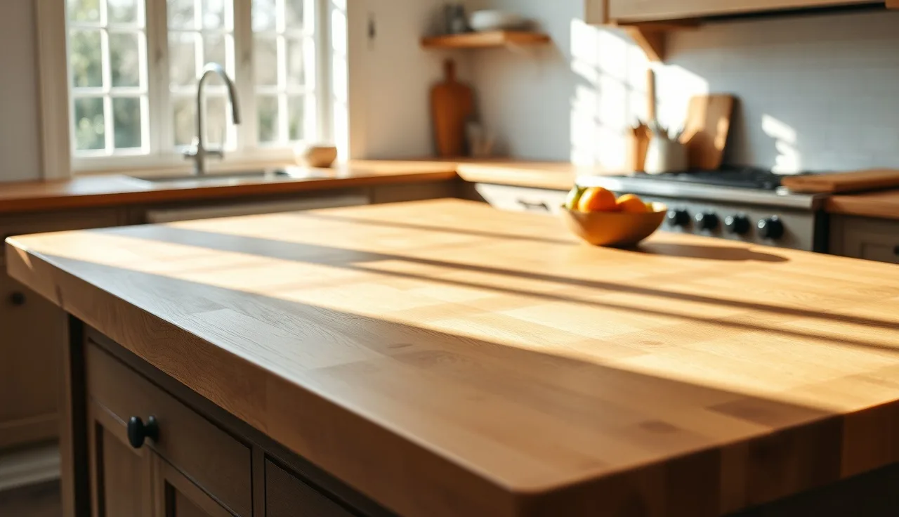 Ten-foot maple butcher block countertop with morning light across wood grain