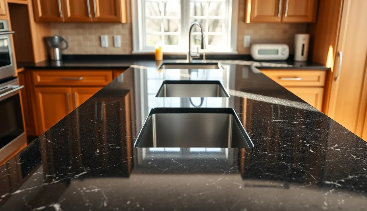 Polished black granite kitchen countertop spanning ten feet with an undermount sink