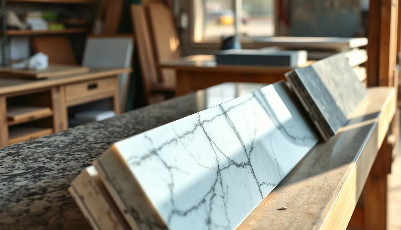 Stone countertop edge profile samples lined up on a workshop bench showing various cuts