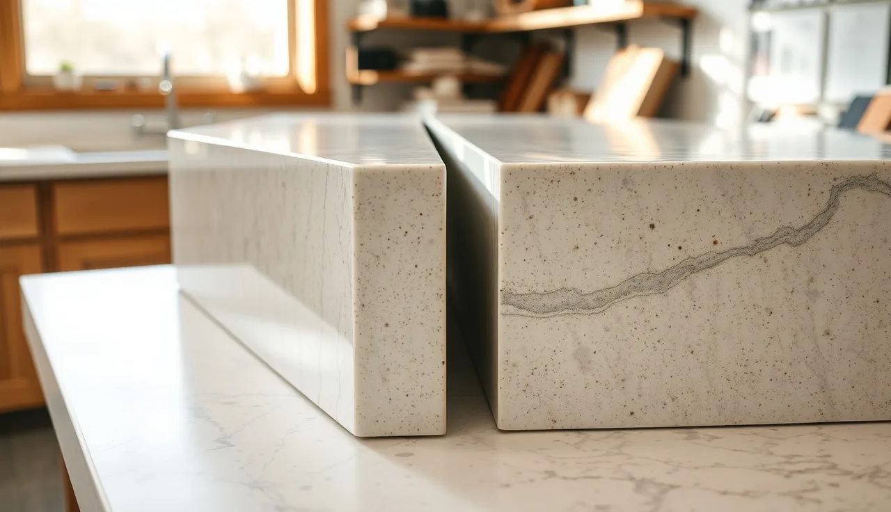 Two quartz countertop slabs on a fabrication bench showing thickness difference between 2cm and 3cm