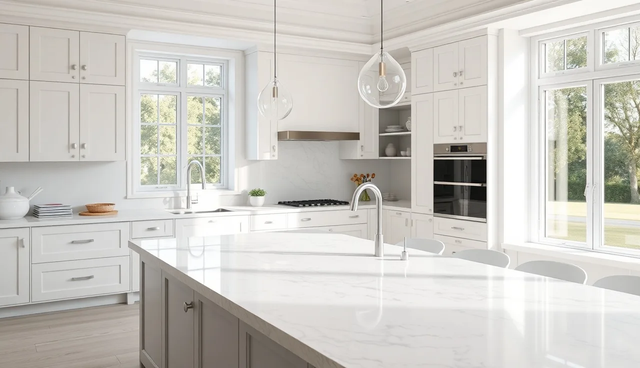 Thick grey-veined 3 cm quartz countertop on a bright kitchen island