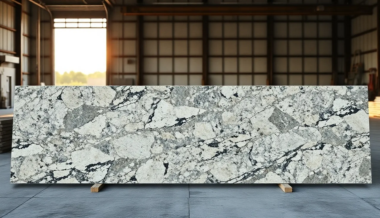 Cut granite slab pieces arranged on a fabrication shop floor for a countertop project