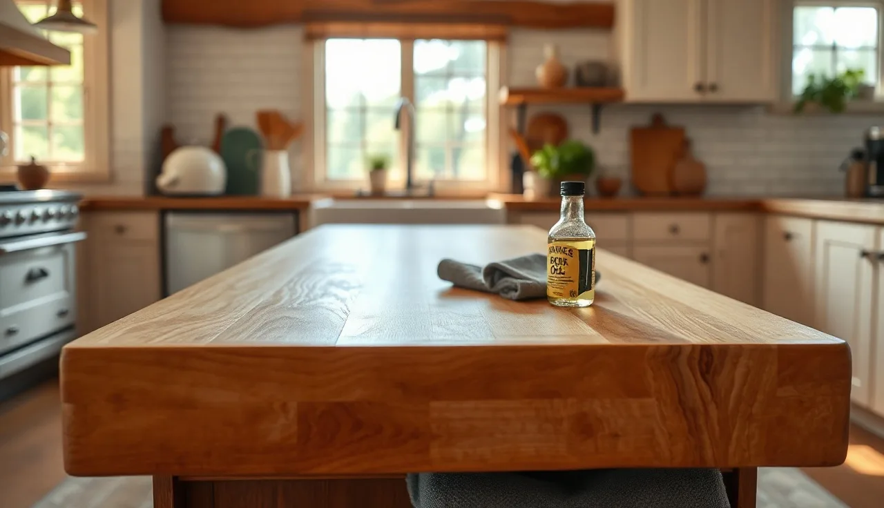 Freshly oiled maple butcher block countertop in a morning kitchen with natural light
