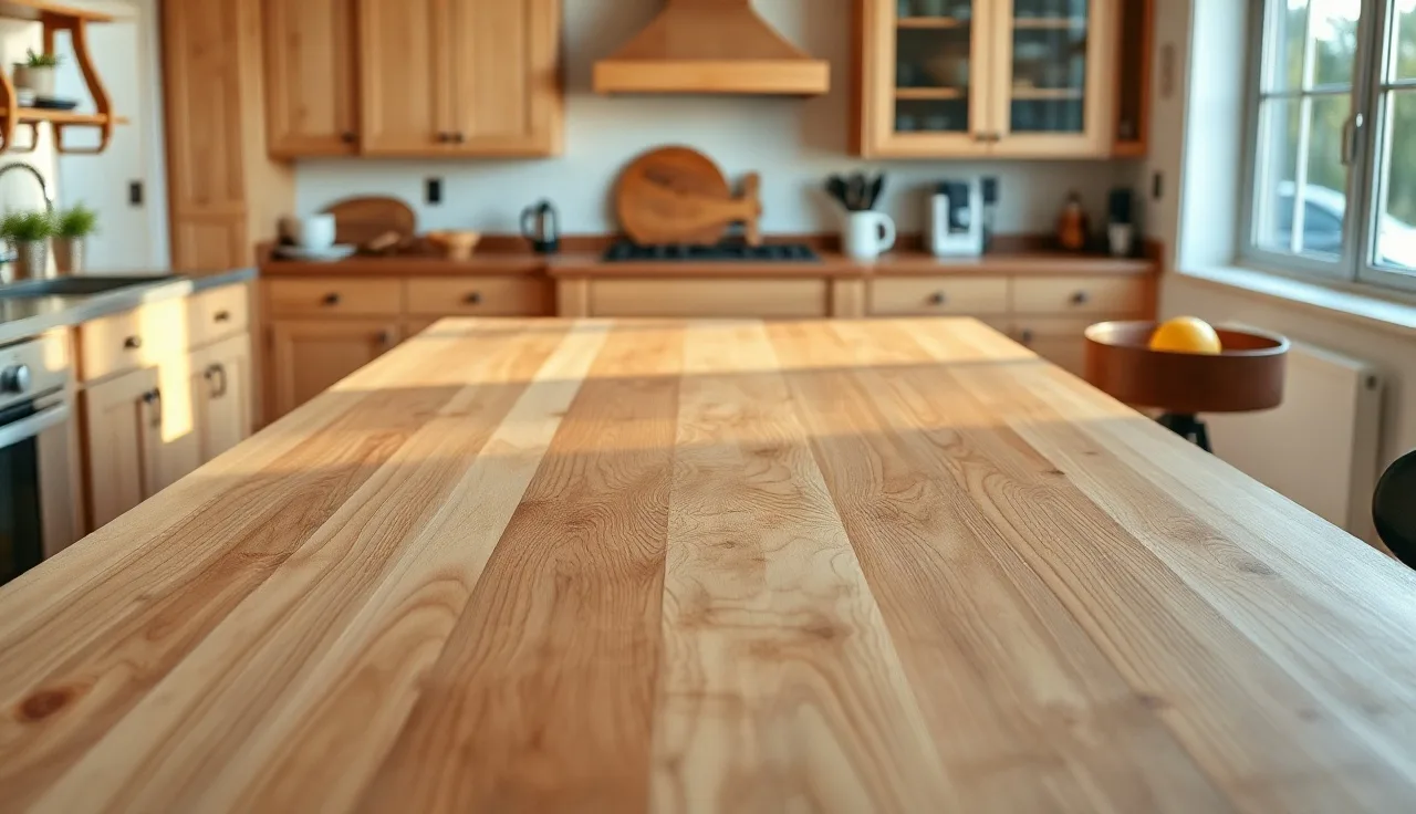 Freshly oiled 8 ft maple butcher block countertop in a bright kitchen with morning light