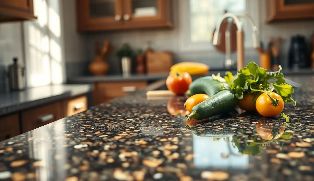 Polished granite countertop with speckled pattern in a bright kitchen