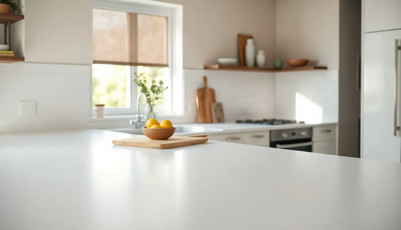 Bright kitchen with a new laminate countertop, natural window light and lemons on surface