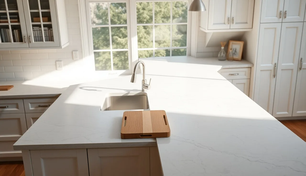 Pale gray quartz countertop with subtle veining in a bright kitchen