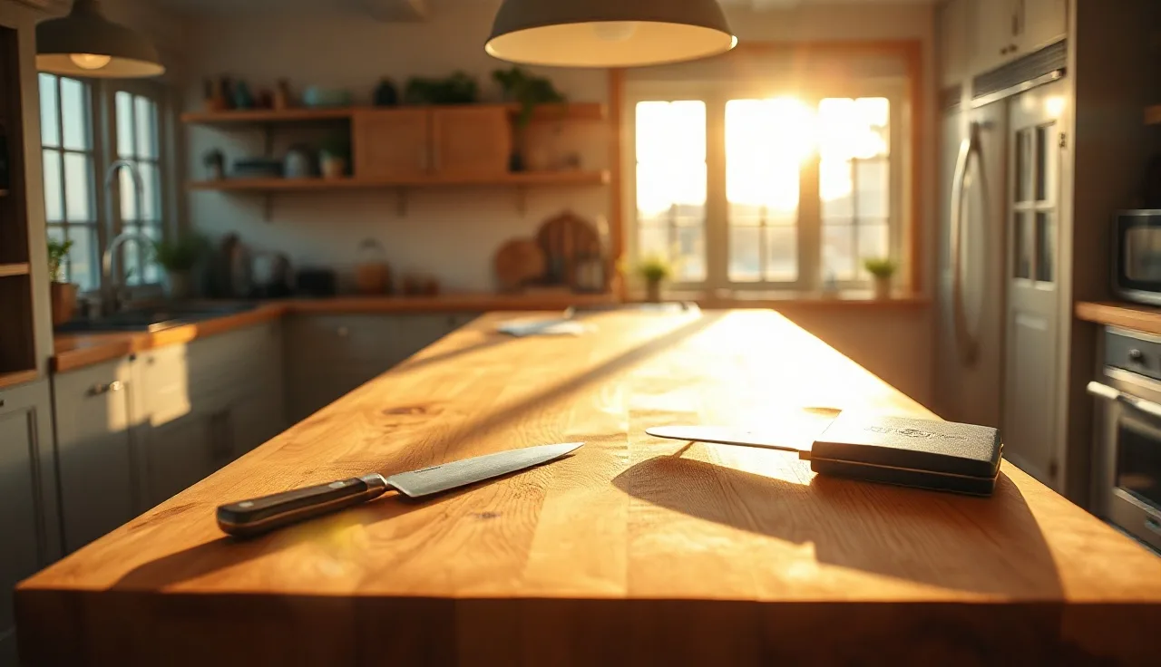 Freshly oiled maple butcher block kitchen island countertop with chef's knife