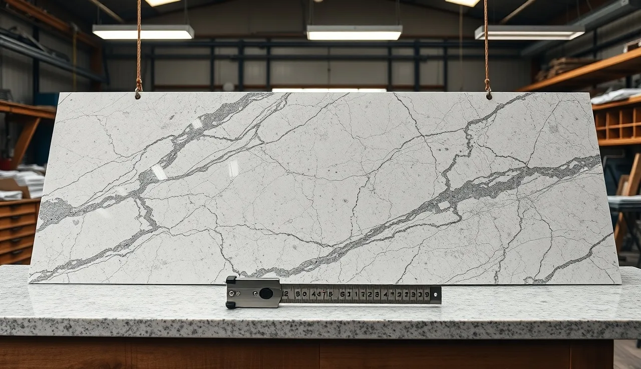 Polished granite slab on a fabrication shop workbench with a measuring tape