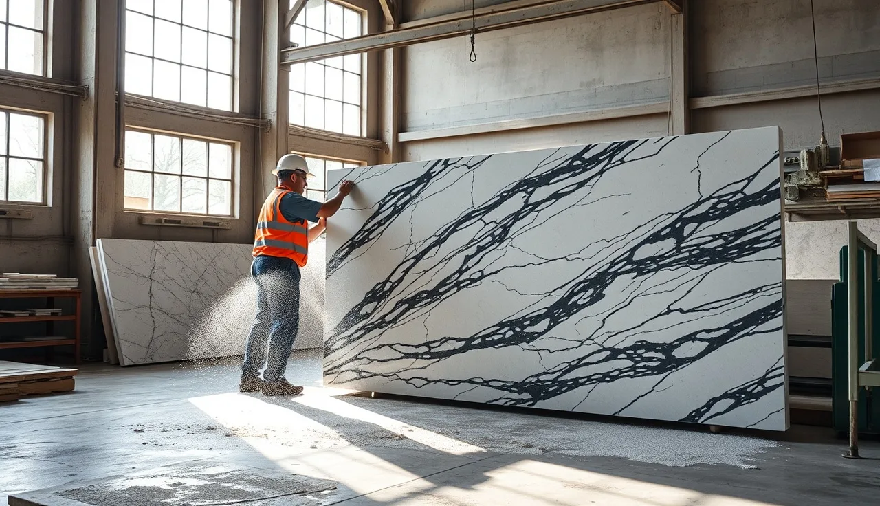 Worker guiding a granite slab through a wet bridge saw in a stone fabrication shop