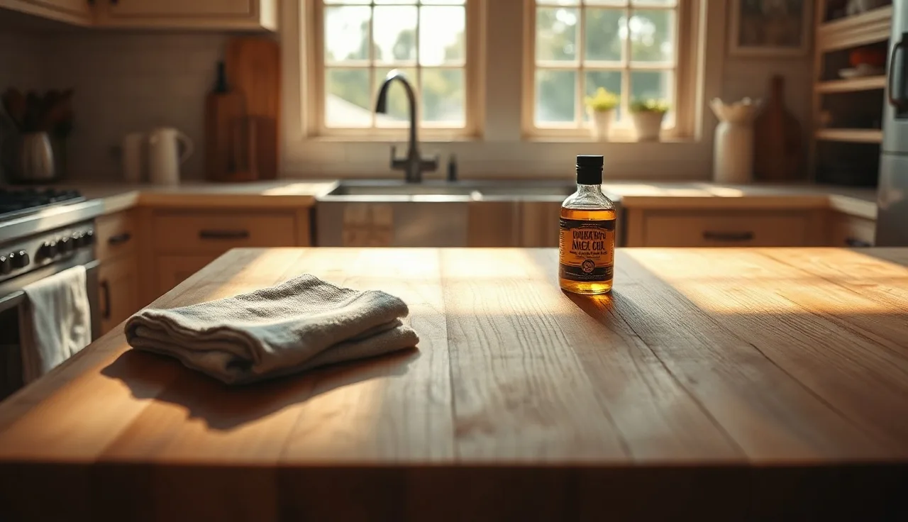 Maple butcher block countertop with mineral oil bottle in a sunlit kitchen