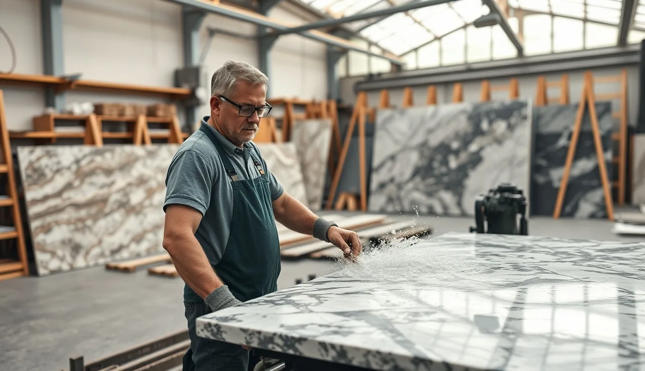 Stone fabricator cutting a granite slab on a wet bridge saw in a fabrication shop
