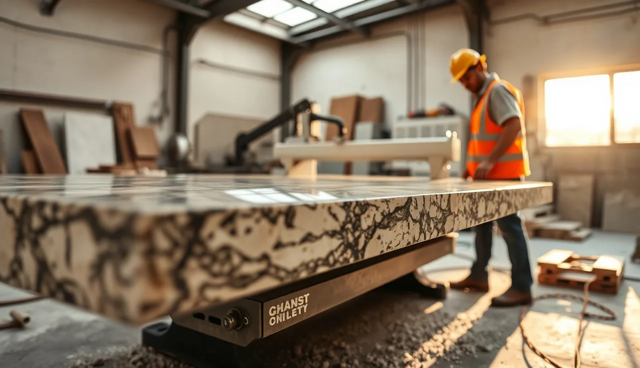 CNC bridge saw cutting a granite slab in a stone fabrication shop