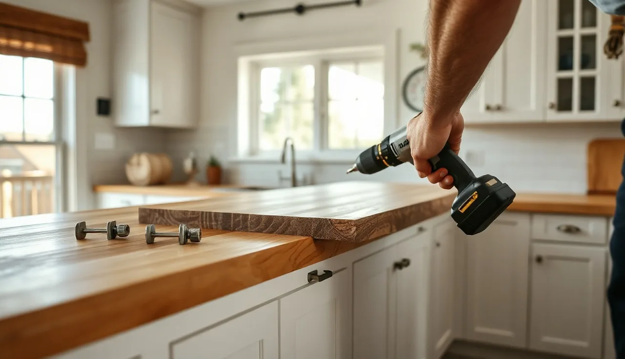 Hands securing a butcher block countertop to kitchen cabinets with figure-8 clips