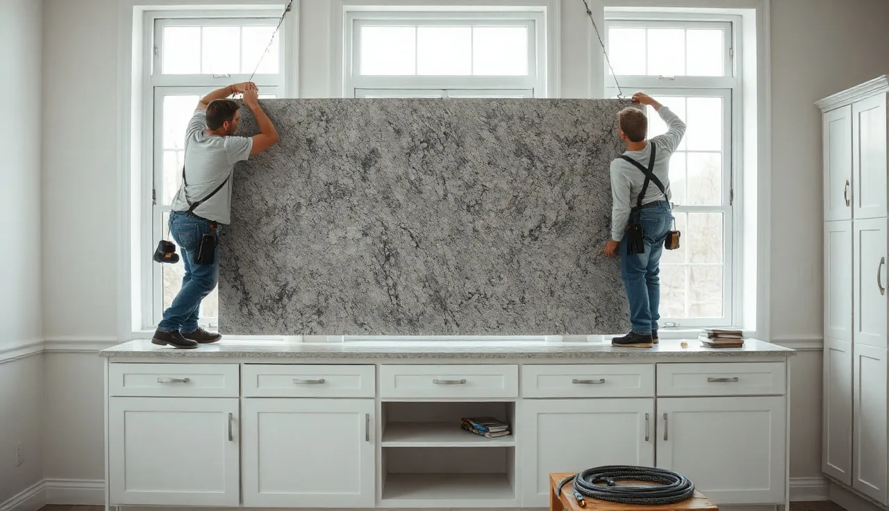 Two workers installing a granite countertop onto white kitchen cabinets