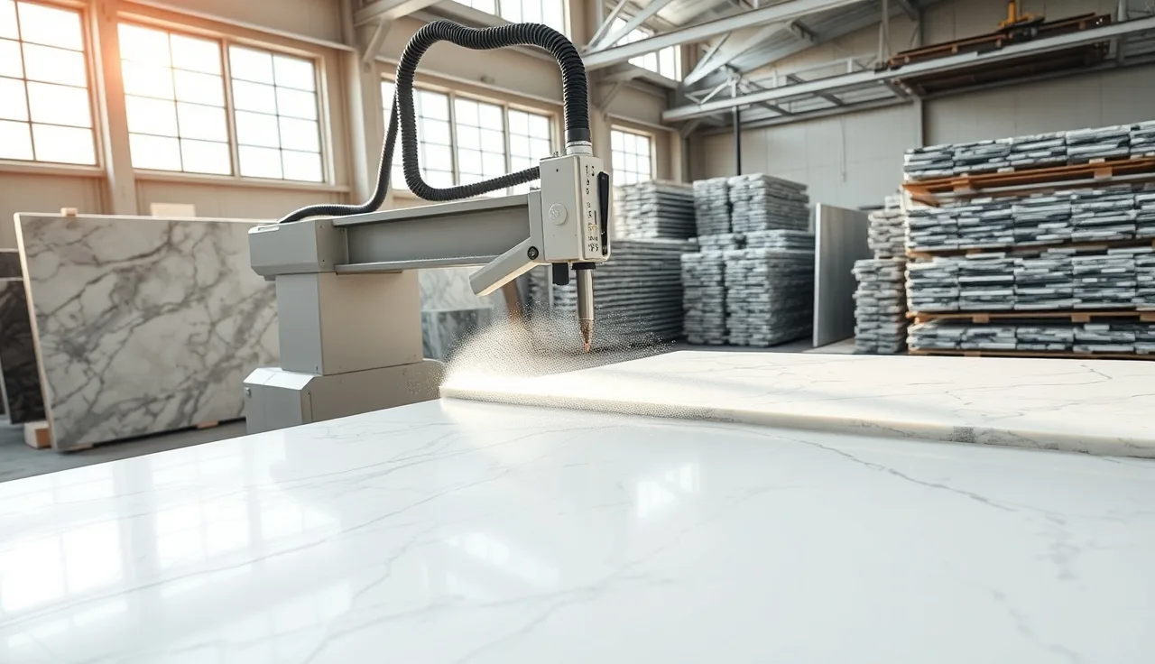 CNC bridge saw cutting a marble slab in a stone fabrication shop