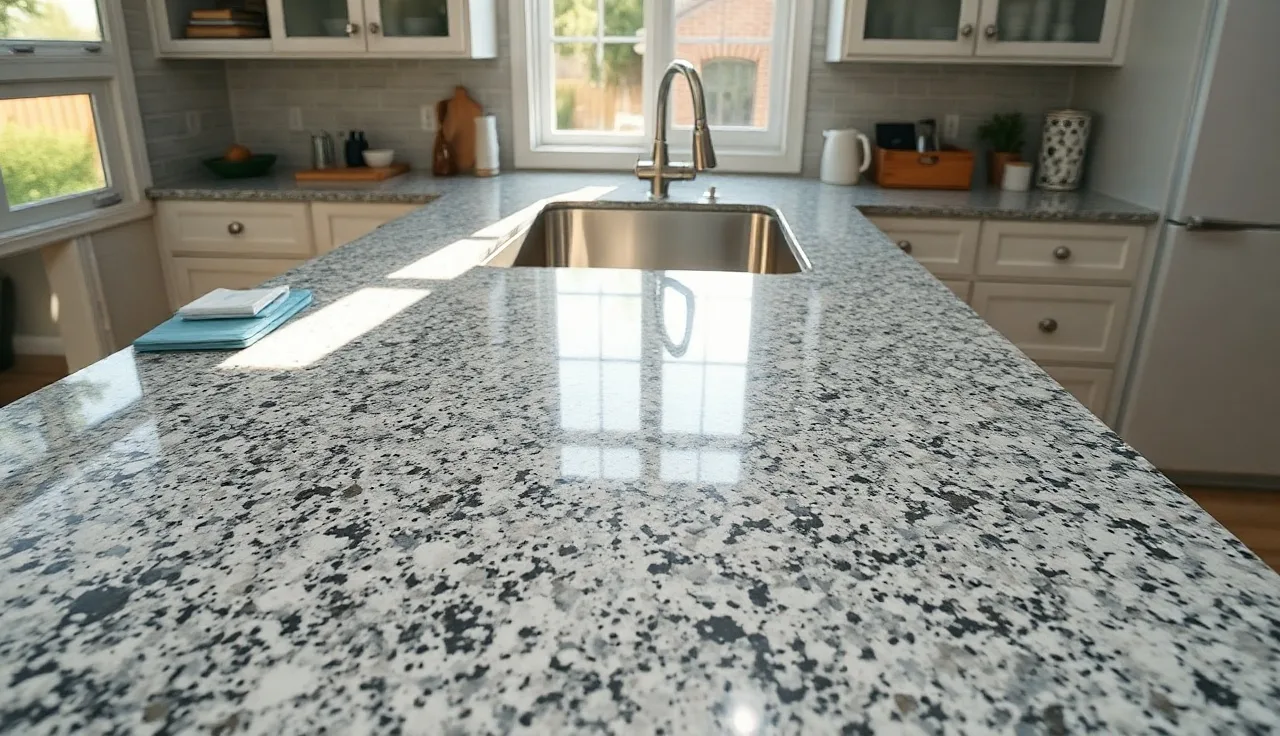 Freshly installed speckled granite kitchen countertop in morning light