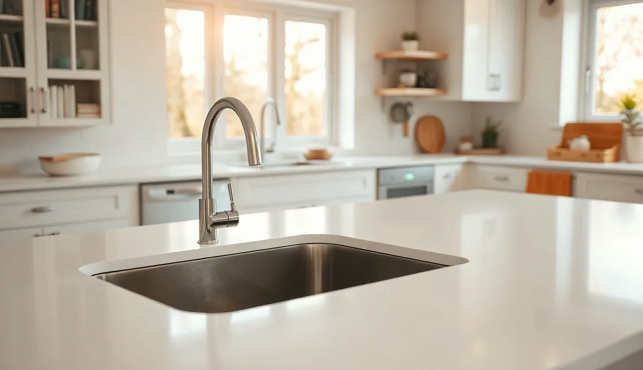 White solid surface countertop with an integrated sink installed in a residential kitchen