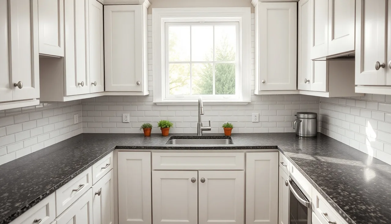 White kitchen cabinets with dark granite countertop and white subway tile backsplash