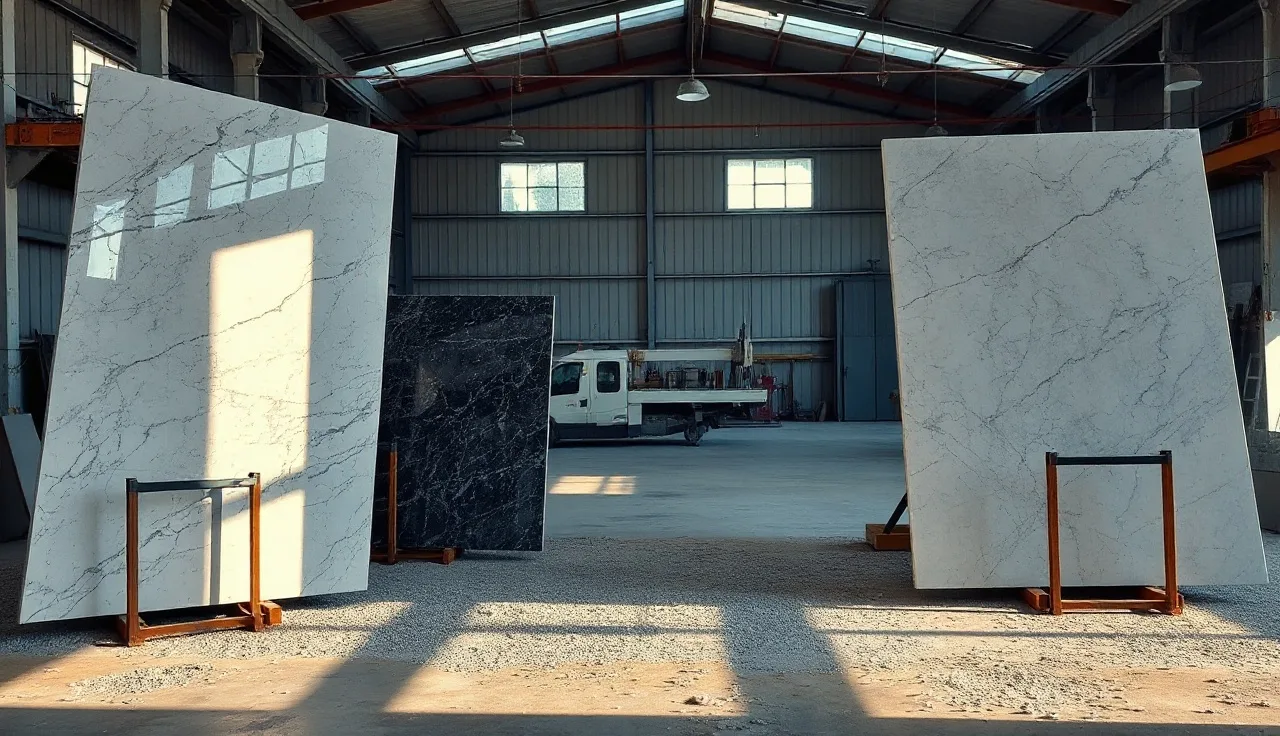 Stone fabrication shop floor with granite slabs in A-frames and CNC saw
