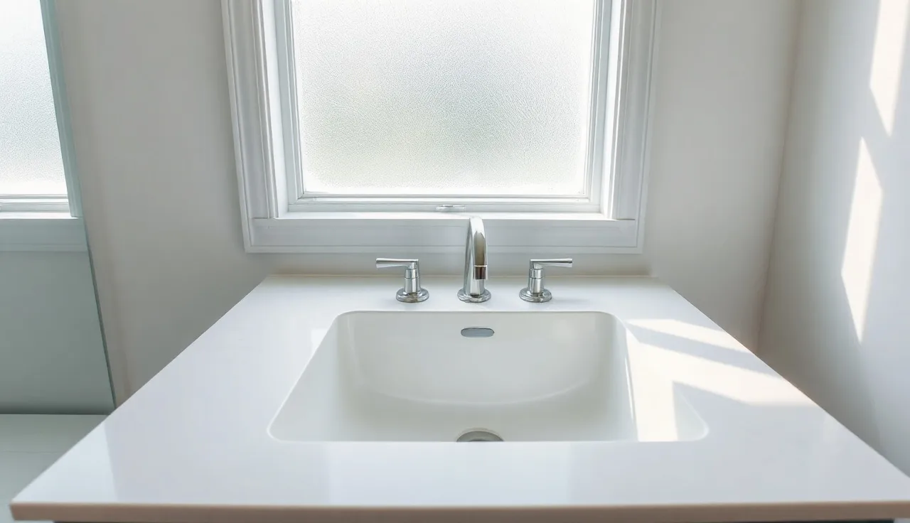 White quartz bathroom vanity countertop with undermount sink installed in a modern bathroom