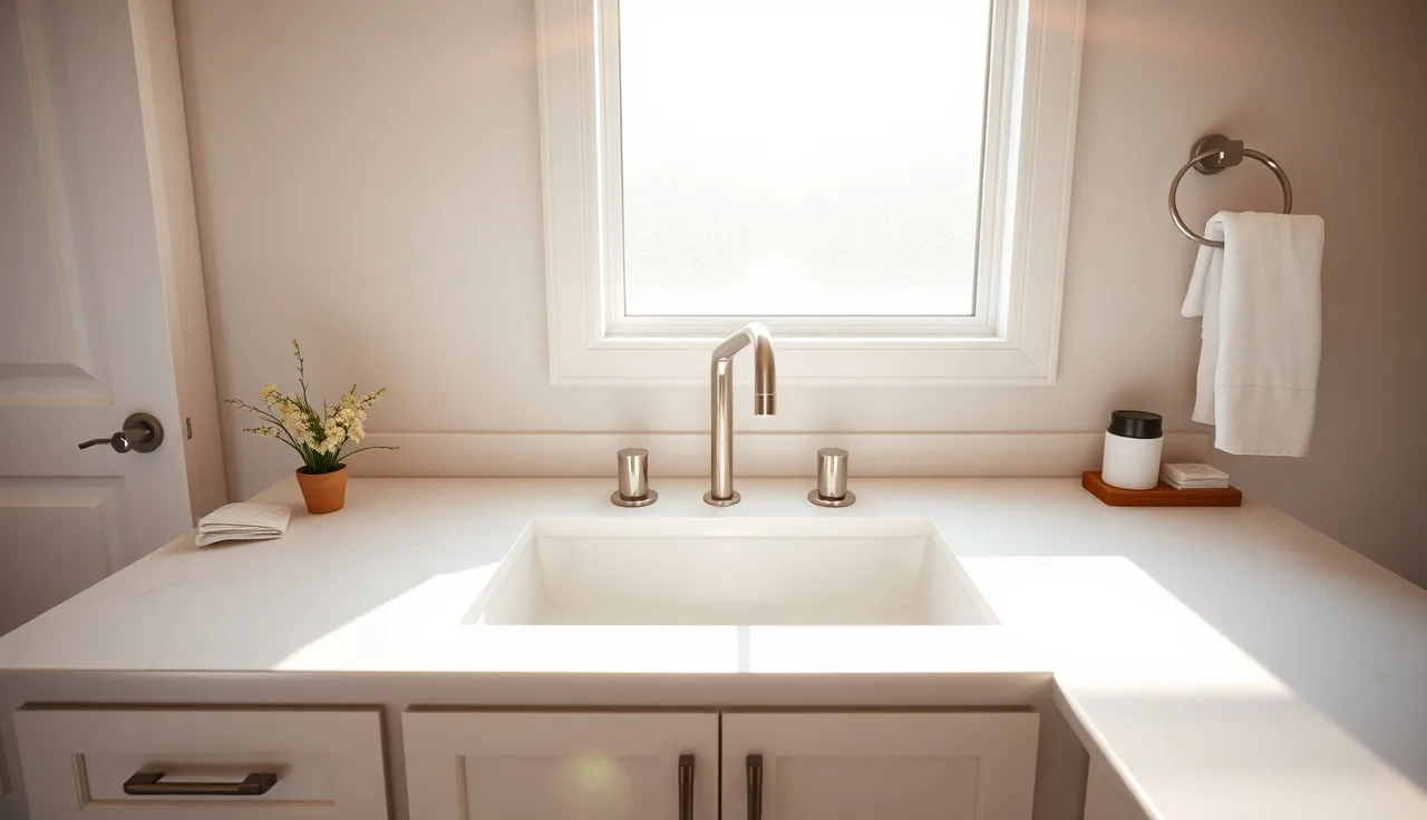White quartz bathroom countertop with undermount sink and brushed nickel faucet in morning light