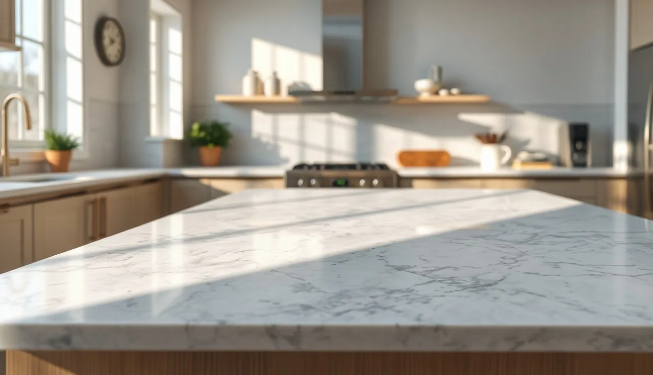 White veined quartz countertop surface in a sunlit kitchen, close editorial view