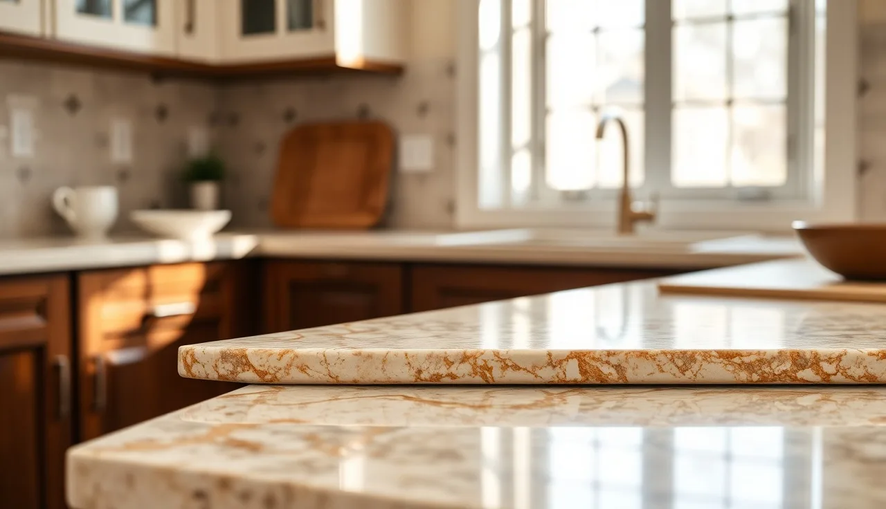 Beige granite countertop with gold veining in a kitchen with dark wood cabinets
