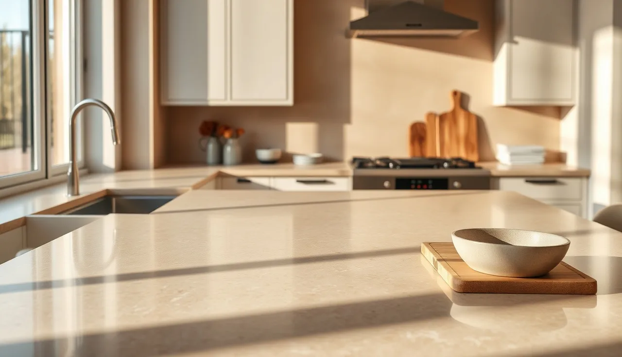 Beige quartz kitchen countertop in warm morning light with wooden cutting board
