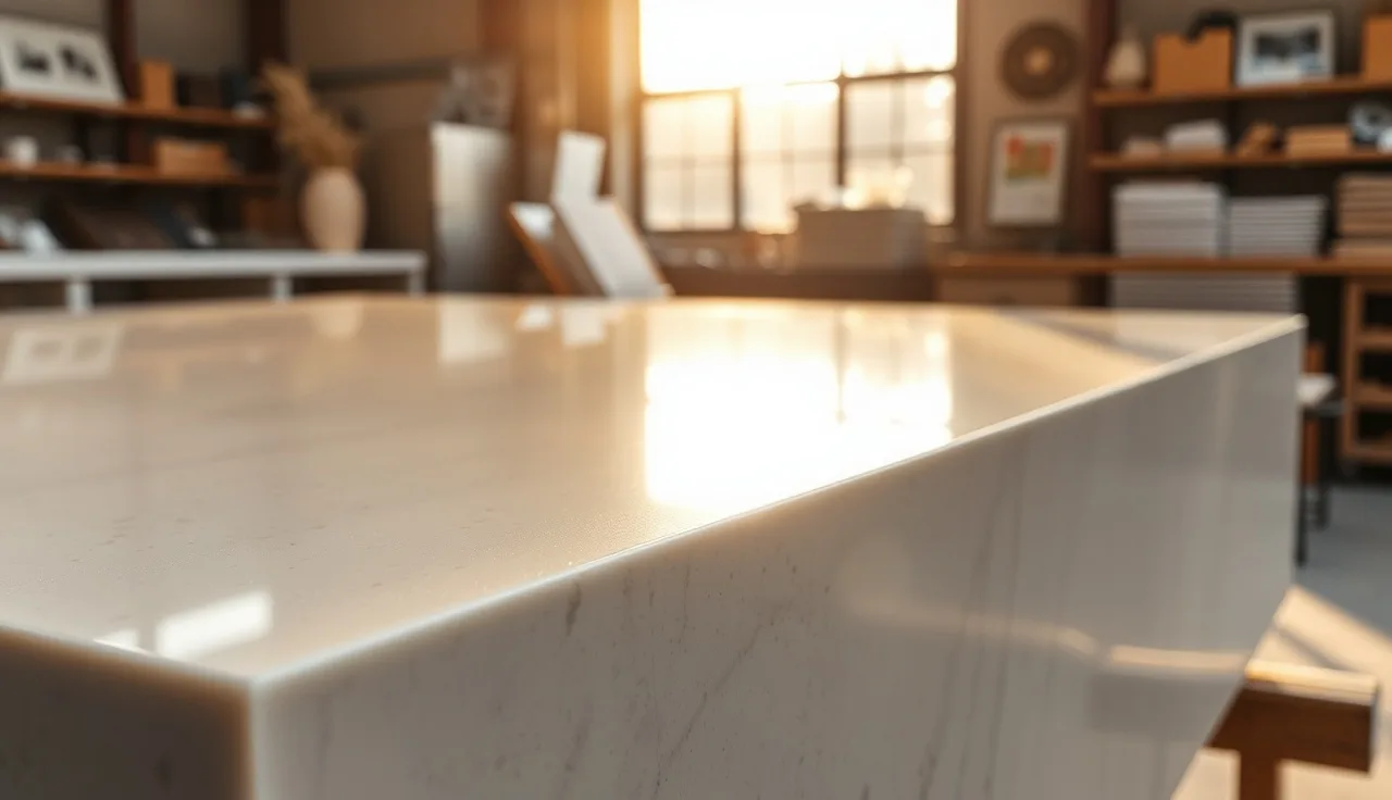 Three polished quartz countertop edge profile samples on a fabrication shop workbench
