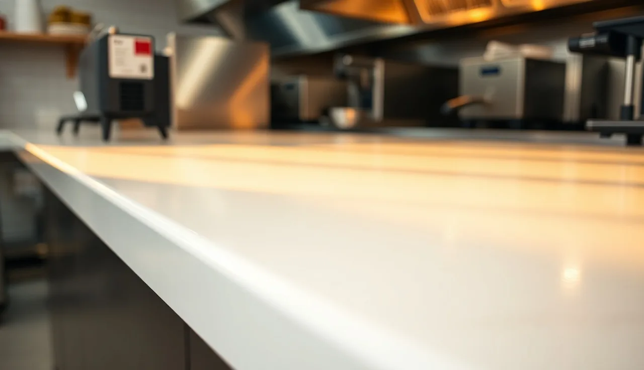 Polished quartz countertop with eased edge profile in commercial kitchen setting