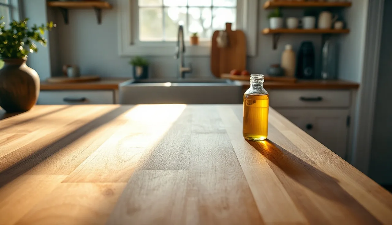 Edge-grain maple butcher block countertop with mineral oil bottle on a kitchen counter