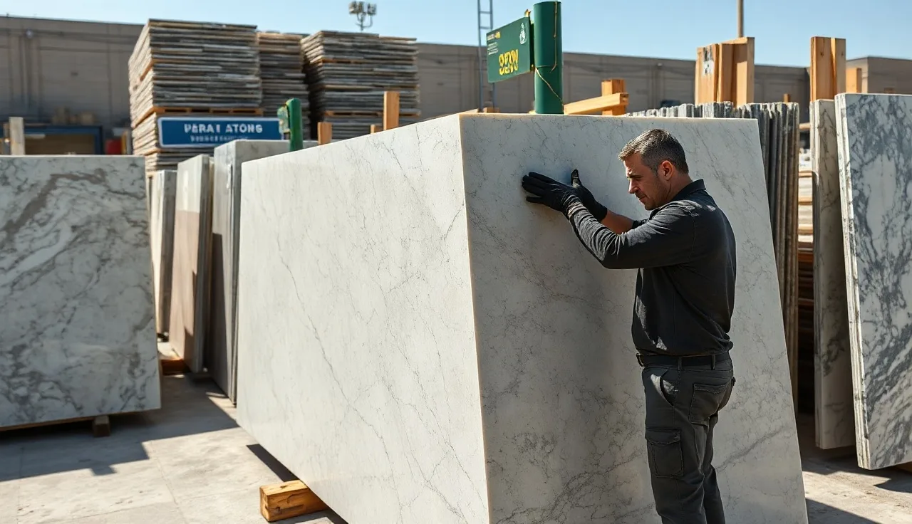 Worker examining quartzite slabs standing in racks at an urban stone yard