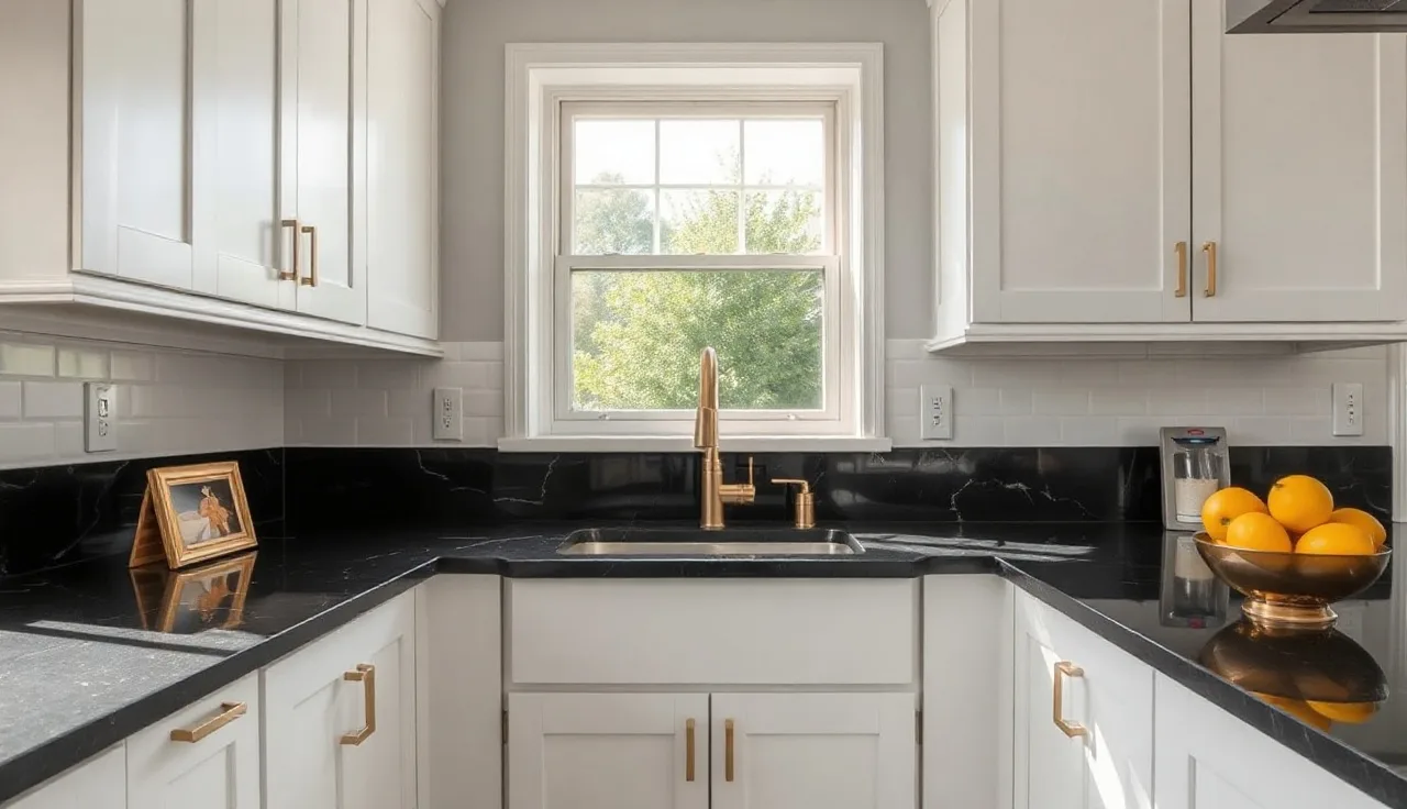 Modern kitchen with white cabinets and leathered black granite countertops in natural light