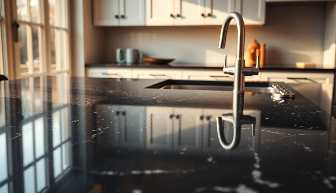 Polished black granite kitchen countertop with white cabinets and window light