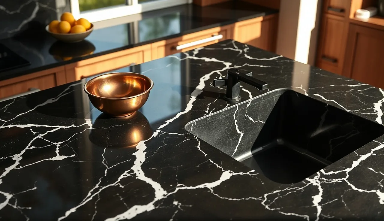 Polished black marble countertop with white veining in a bright kitchen